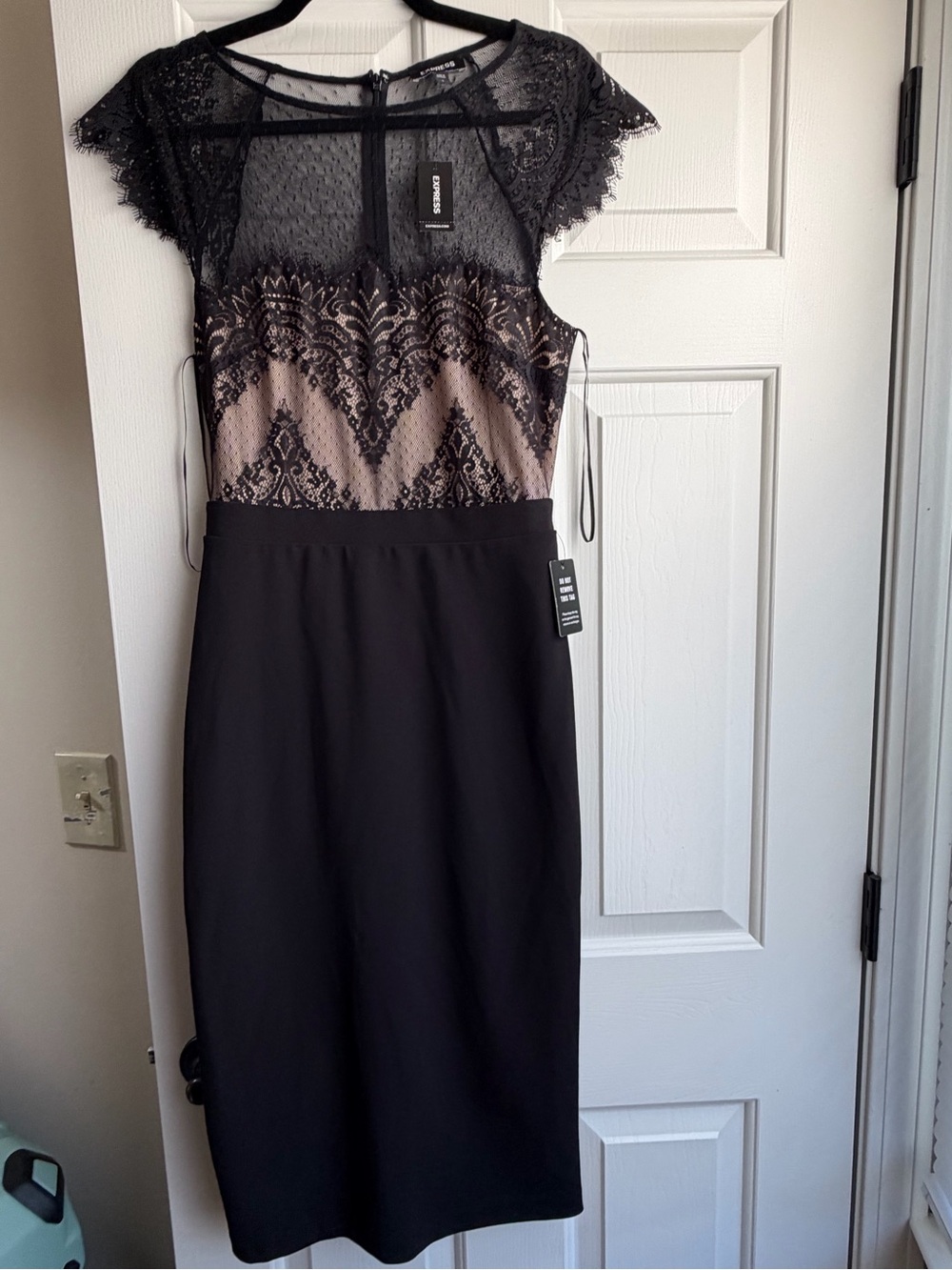 Express Black Lace Midi Dress with Nude Underlay